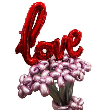 Pink Flower Balloons with Silver Sticks and Love Bouquet